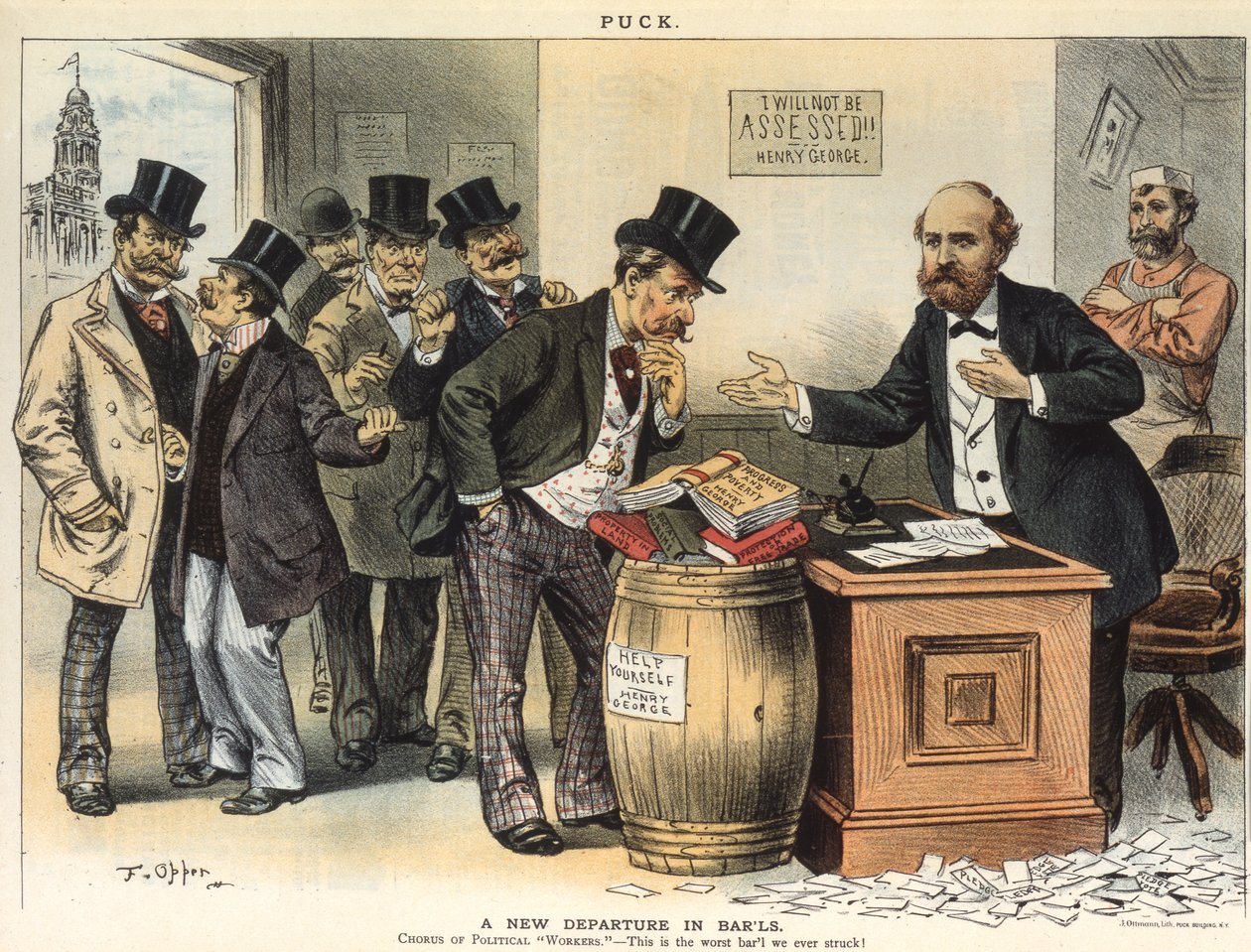 Una nuova partenza nei barili; Coro di lavoratori politici - Questo è il peggior barile che abbiamo mai trovato!, 1886 da Frederick Burr Opper