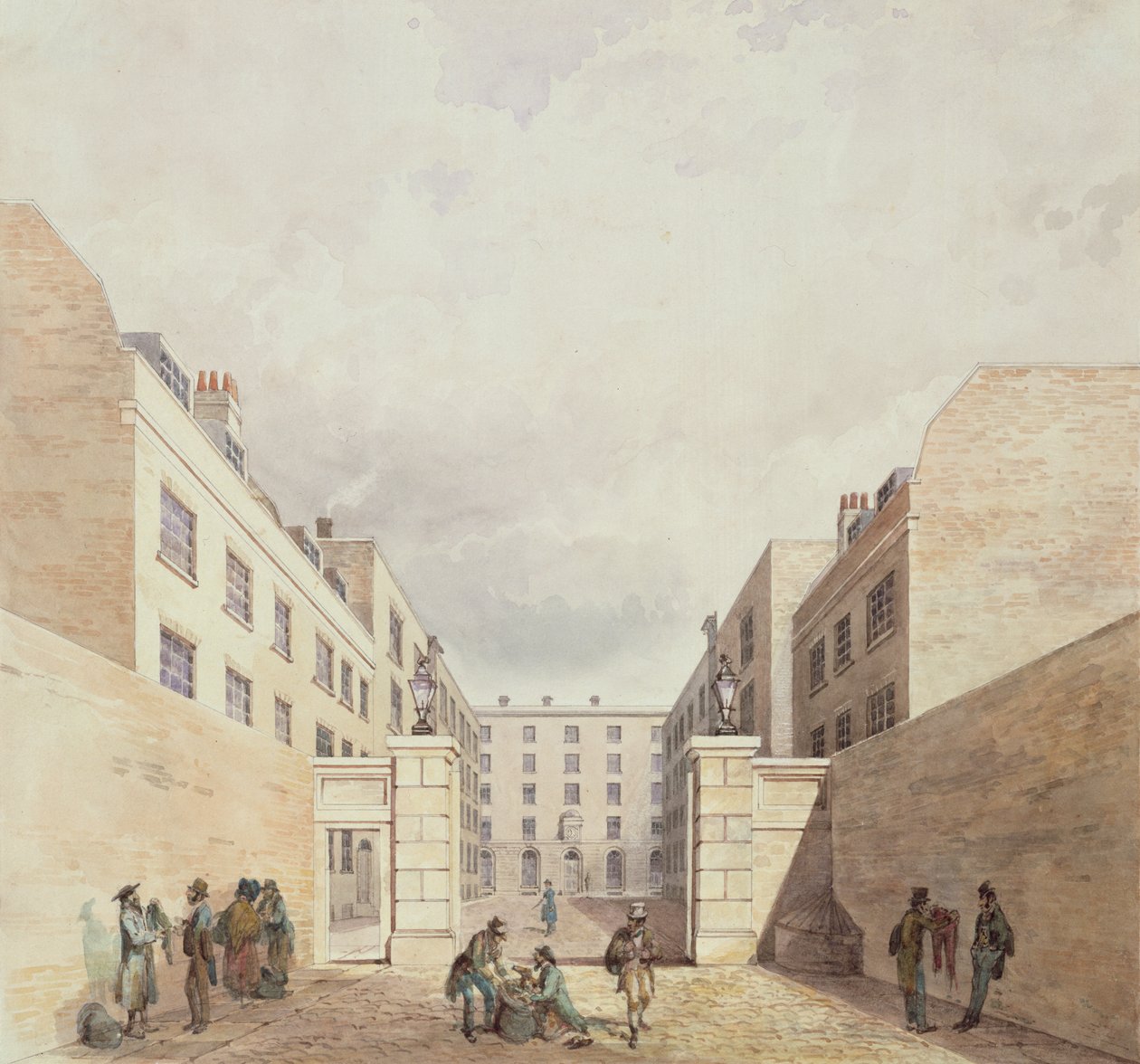Veduta dei magazzini della Compagnia delle Indie Orientali da Cutler Street, 1836 da Frederick Nash