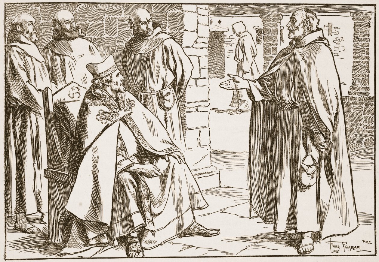 Il vescovo Dagan discute con Laurence i punti di differenza tra le comunioni romana e celtica, illustrazione da 