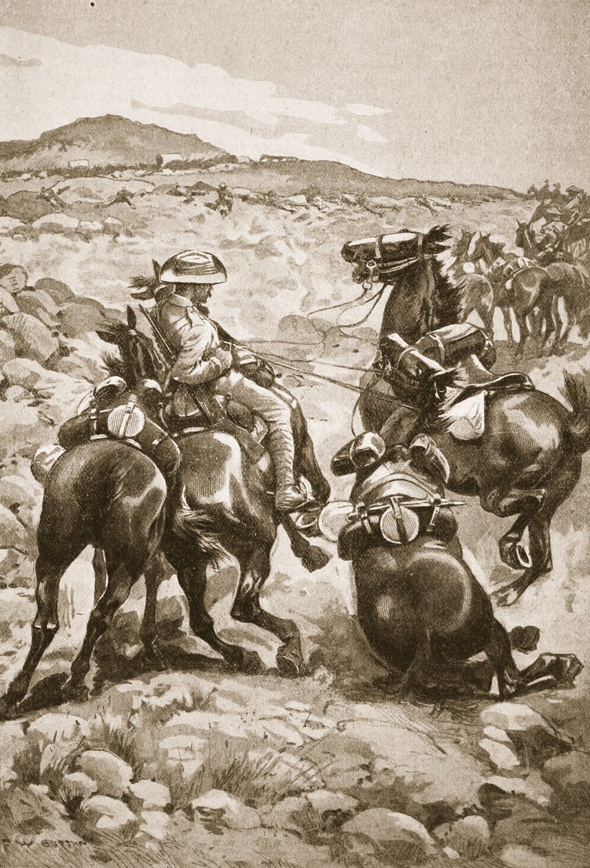 Fanteria a cavallo che attacca un treno di carri, illustrazione da 