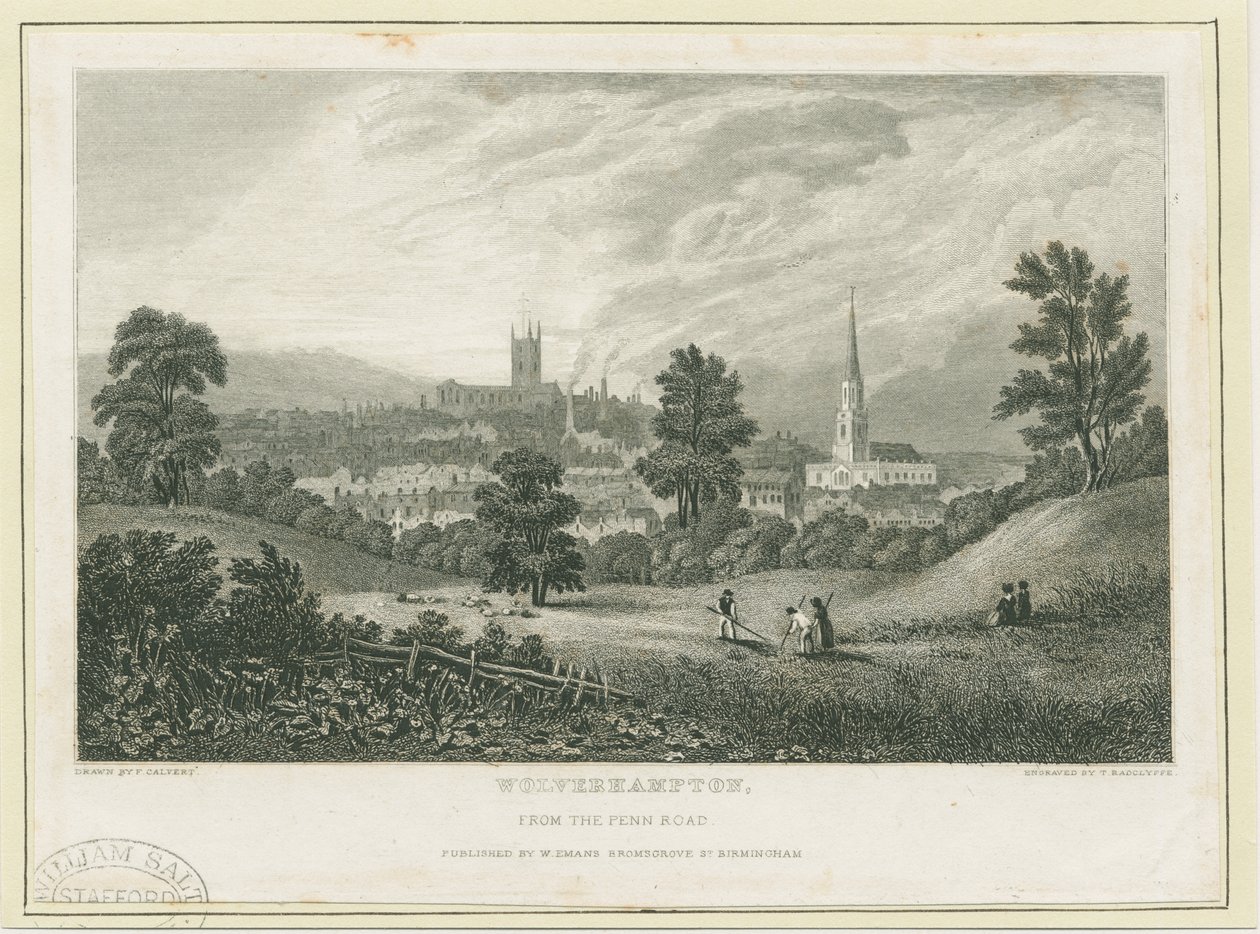 Wolverhampton - Vista distante dalla Penn Road (incisione su acciaio) da Frederick Calvert