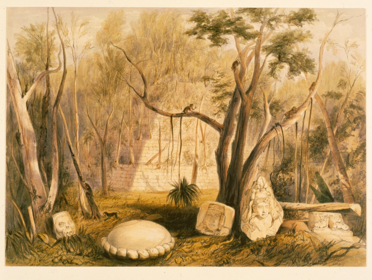 Edificio piramidale e frammento di scultura a Copan, illustrazione da 