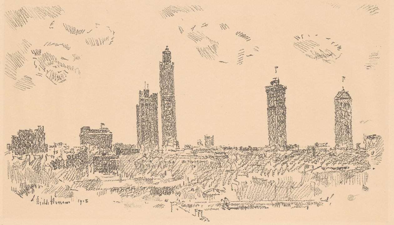 Skyline di New York, edifici scuri, 1918 da Frederick Childe Hassam