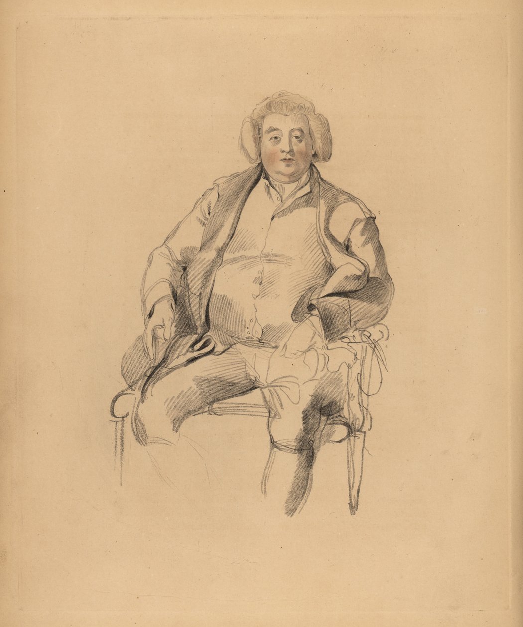 Ritratto del padre di Sir Thomas Lawrence, locandiere Thomas Lawrence. Uomo corpulento con parrucca seduto su una sedia. Incisione colorata a mano di Frederick Christian Lewis dopo un