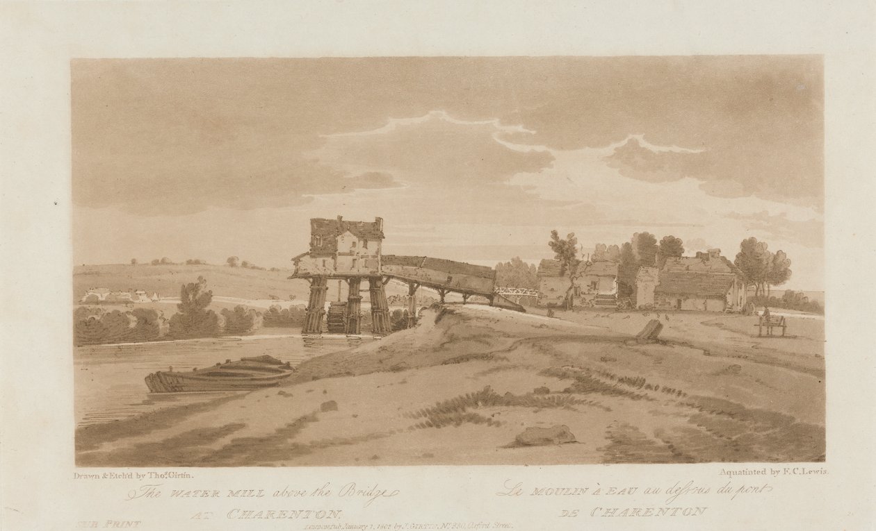 Il mulino ad acqua sopra il ponte di Charenton 1803; Tavola 20 da Vedute di Parigi, il volume Emanuel tracciato della tavola B181.25.2629 da Frederick Christian Lewis the Elder