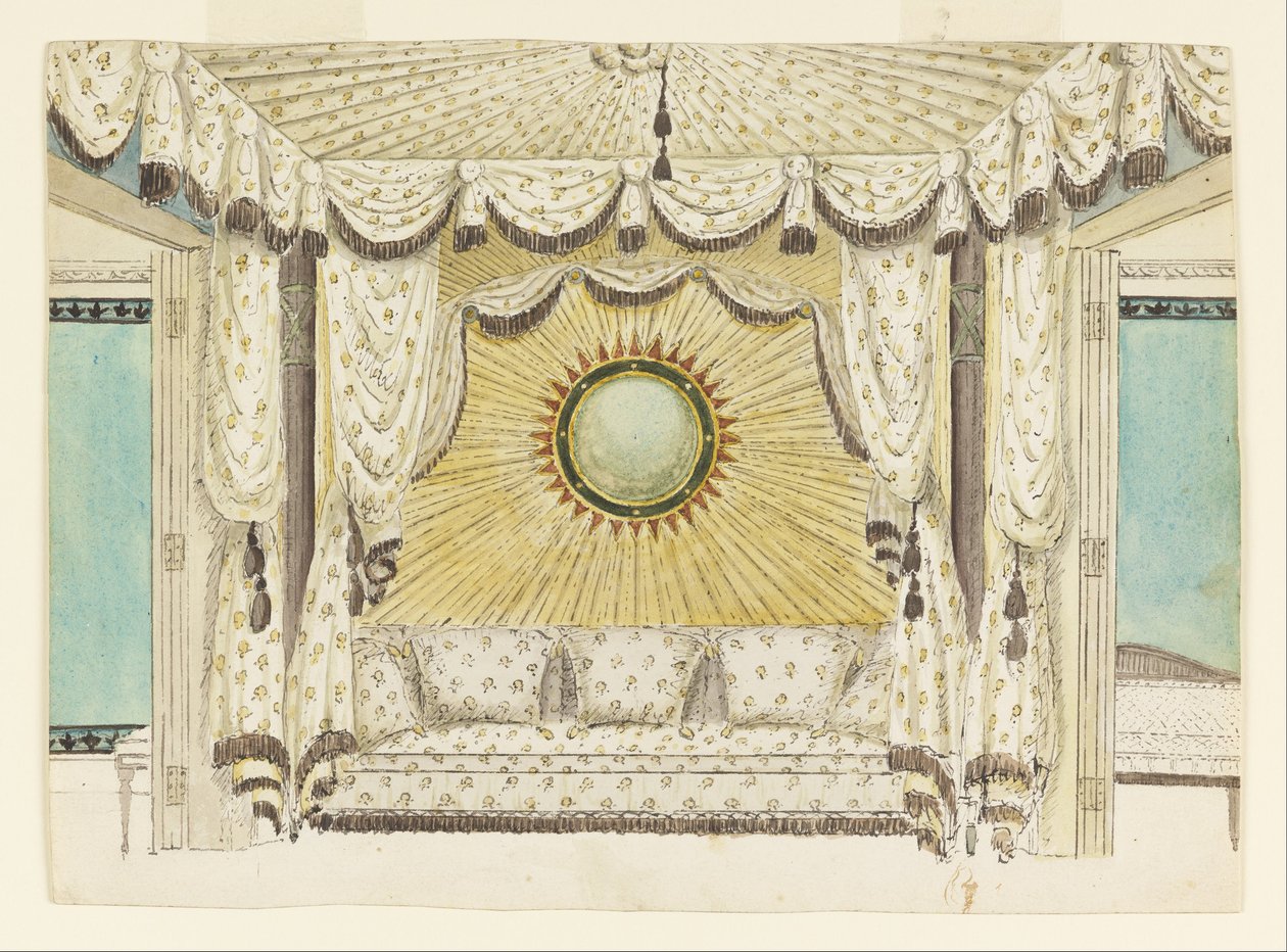 Design per letto con alcova tenda, probabilmente per la camera da letto o boudoir del Principe di Galles, Royal Pavilion da Frederick Crace