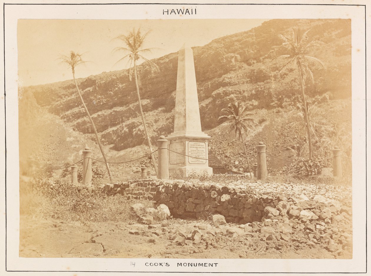 Stazione del Pacifico in HMS Triumph - Tavola 14, Monumento di Cook, Hawaii da Frederick George Denham Bedford