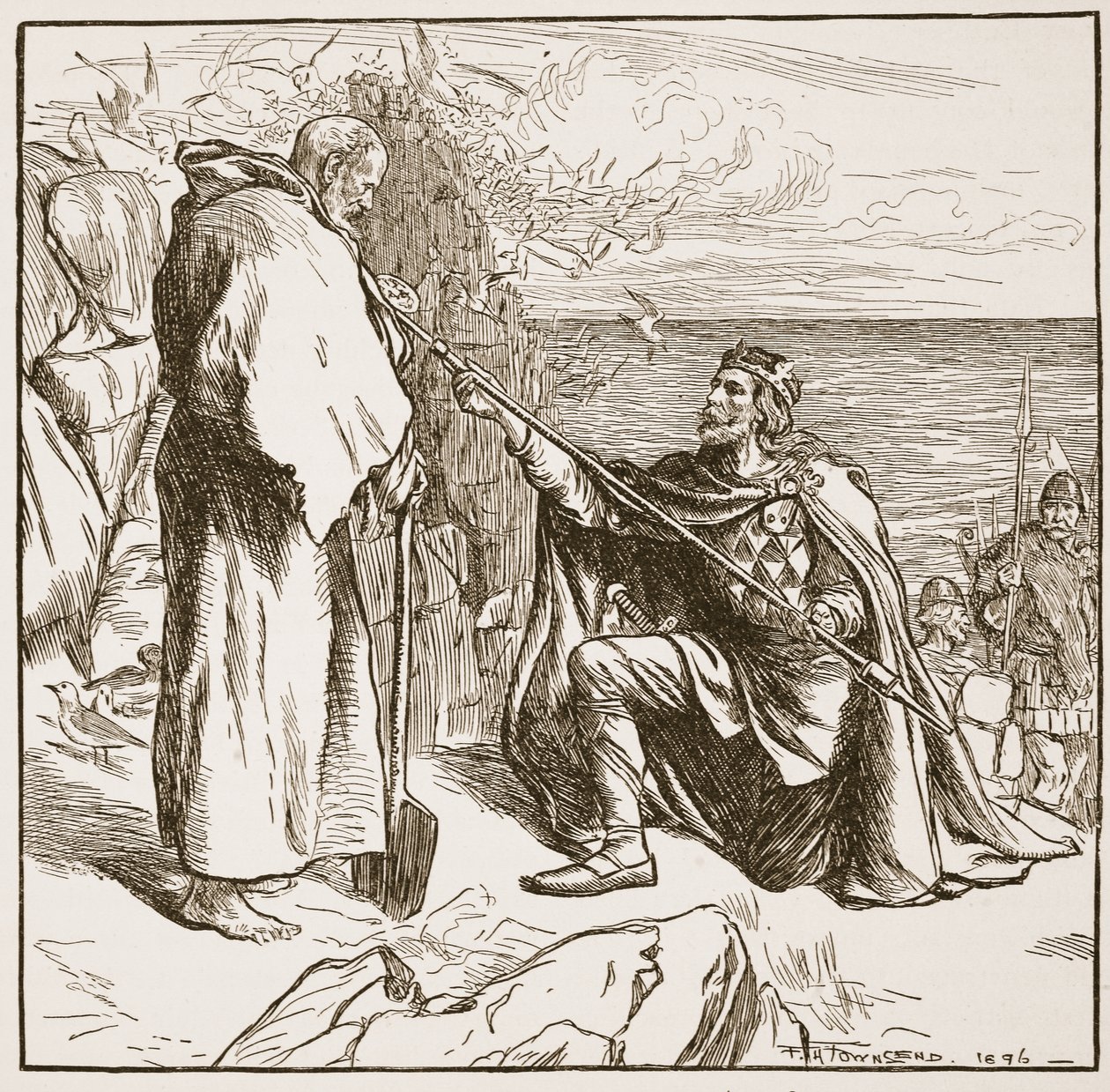 Egfrid che implora San Cuthbert, illustrazione da 