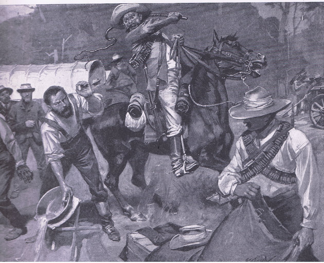 Trattamento boero degli inviati di pace: La fustigazione di Margendaal, da Dopo Pretoria: La guerra di guerriglia pubblicata da Harmsworth Bros Limited, 1901 da Frederick Judd Waugh