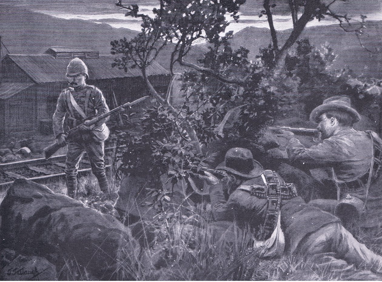 Guerra degenerata: Boeri che sparano a una sentinella, da Dopo Pretoria: La guerra di guerriglia pubblicata da Harmsworth Bros Limited, 1901 da Frederick Judd Waugh
