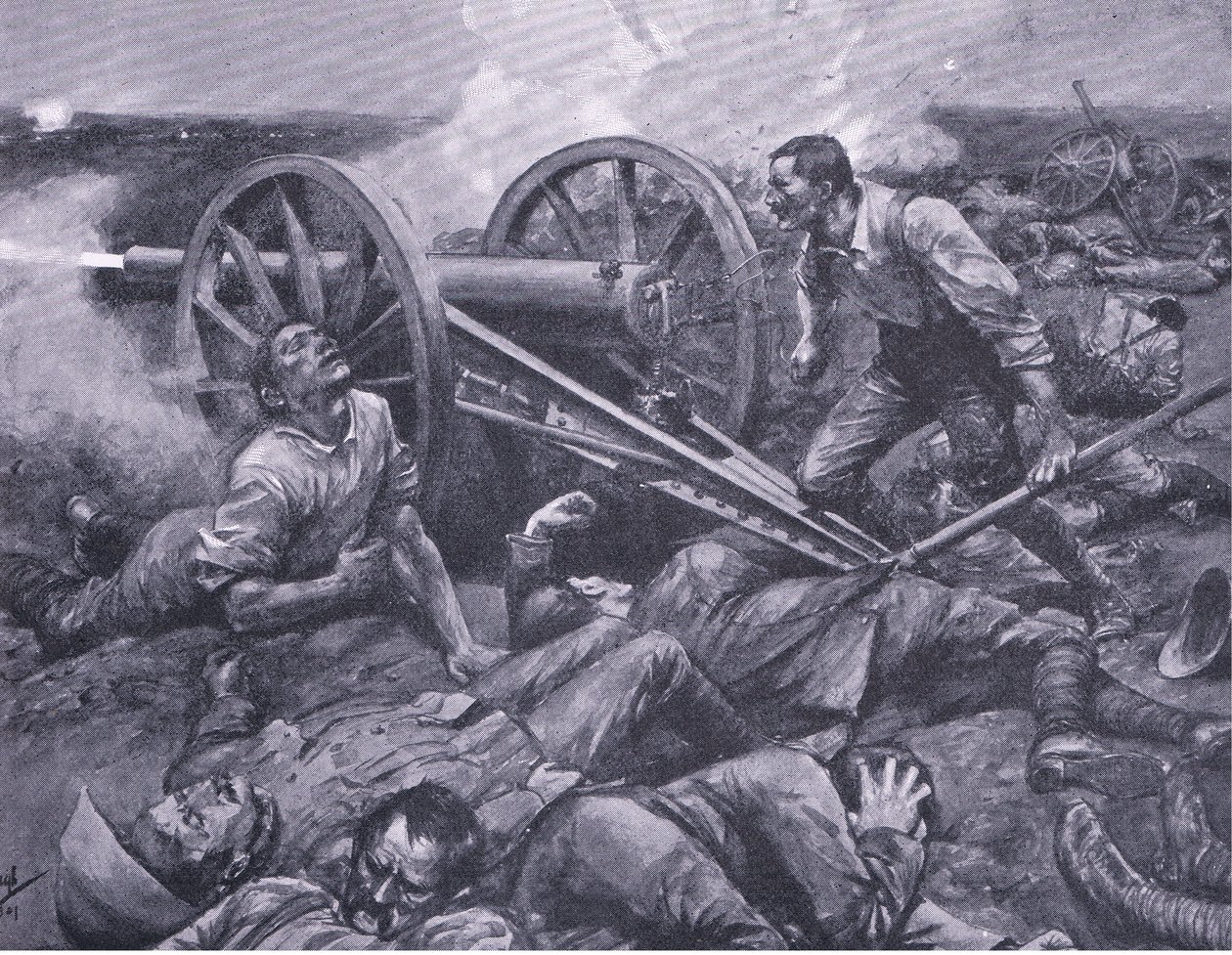 La difesa di Dewetsdorp: lavorare un cannone da 15 libbre da solo, illustrazione da After Pretoria: The Guerilla War, 1902 da Frederick Judd Waugh