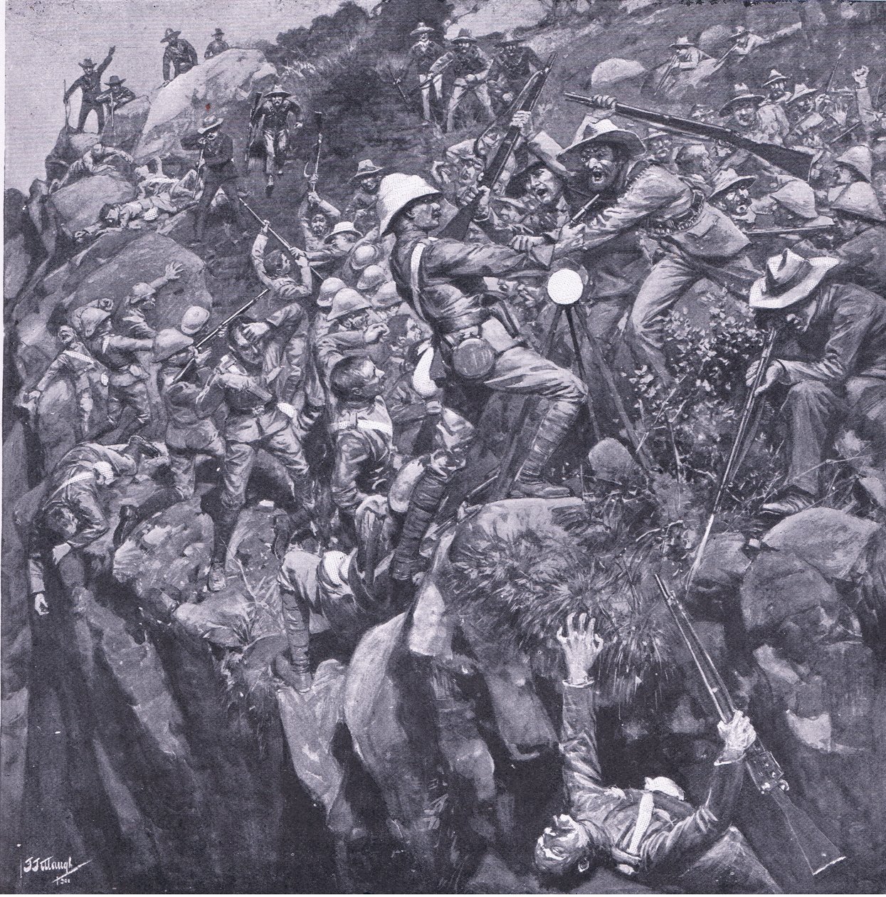 Il disastro a Nooitgeddacht: La fine di un coraggioso segnalatore, da Dopo Pretoria: La guerra di guerriglia pubblicata da Harmsworth Bros Limited, 1901 da Frederick Judd Waugh