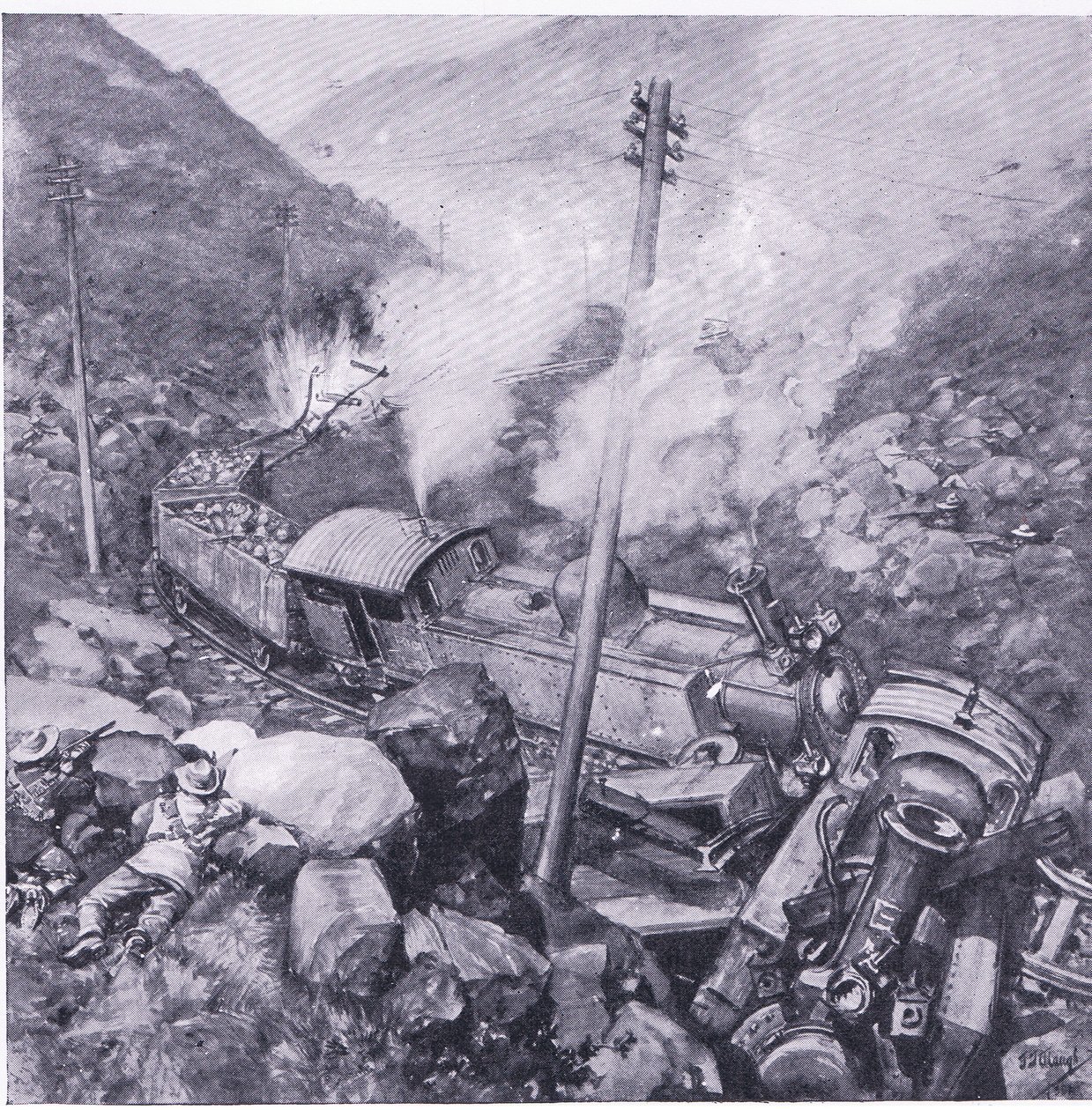 Il deragliamento di un treno blindato vicino a Vlakfontein, illustrazione da After Pretoria: The Guerilla War, 1902 da Frederick Judd Waugh