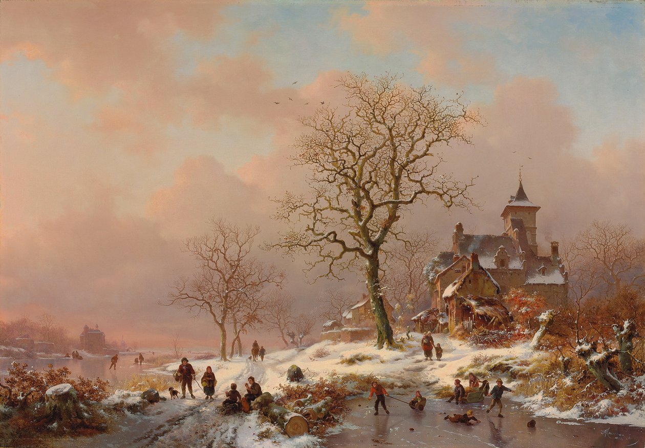 Paesaggio invernale con figure che giocano sul ghiaccio, 1868 da Frederick Marianus Kruseman