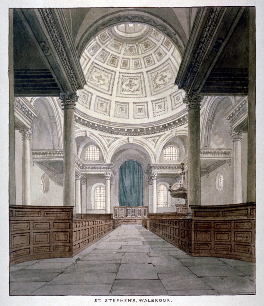 Chiesa di San Stefano Walbrook, Città di Londra, c. 1840 da Frederick Nash