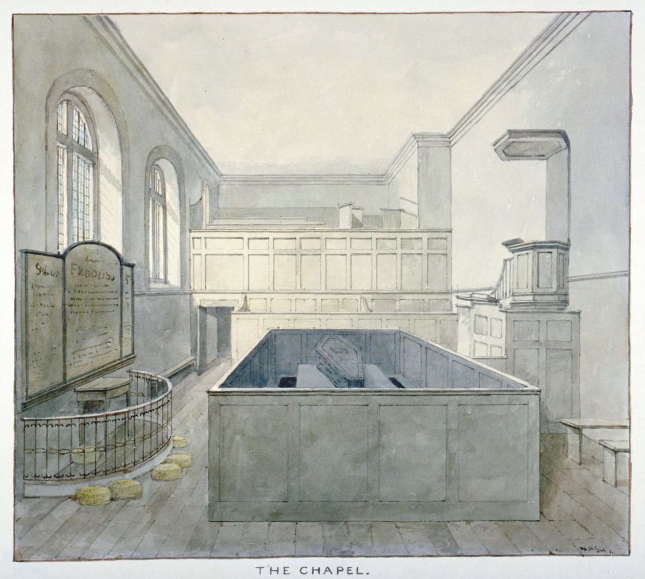 Vista interna della cappella nella prigione di Newgate, Old Bailey, Città di Londra, 1840 da Frederick Nash