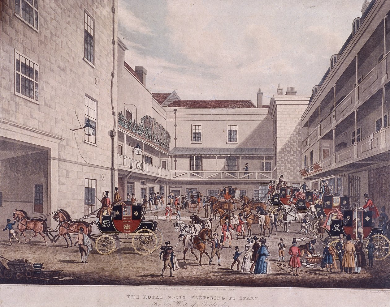 Royal Mail Coaches a Lad Lane, Londra, 1831 da Frederick Rosenberg