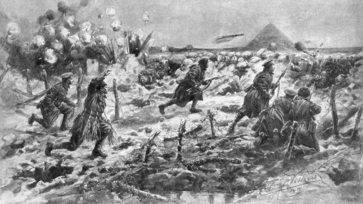 Attacco britannico con baionetta e granata, Neuve-Chapelle, Francia, 10 marzo 1915, 1926 da Frederick Villiers