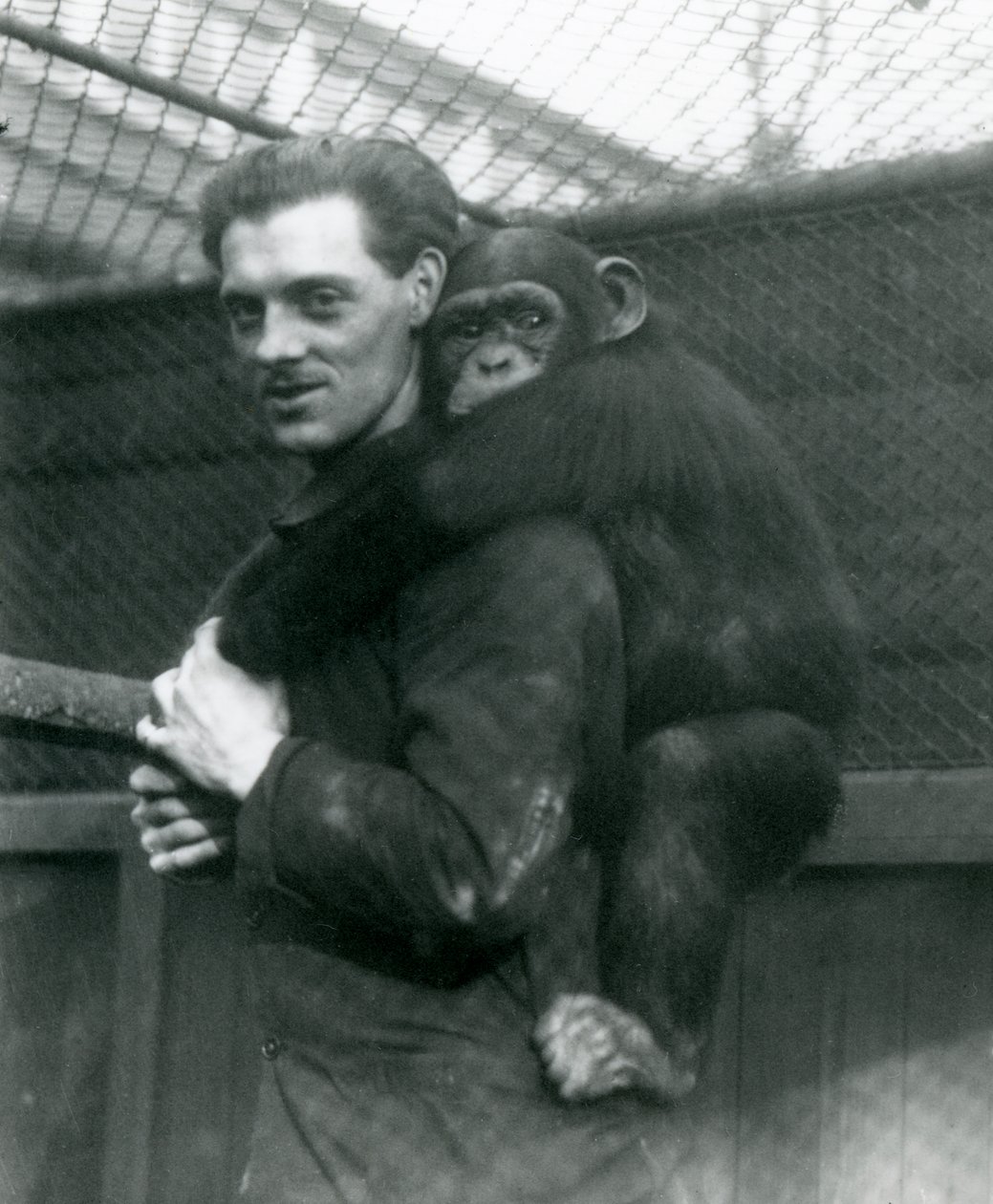 Un uomo porta la scimmia Sally sulla schiena, Zoo di Londra, 1924 da Frederick William Bond