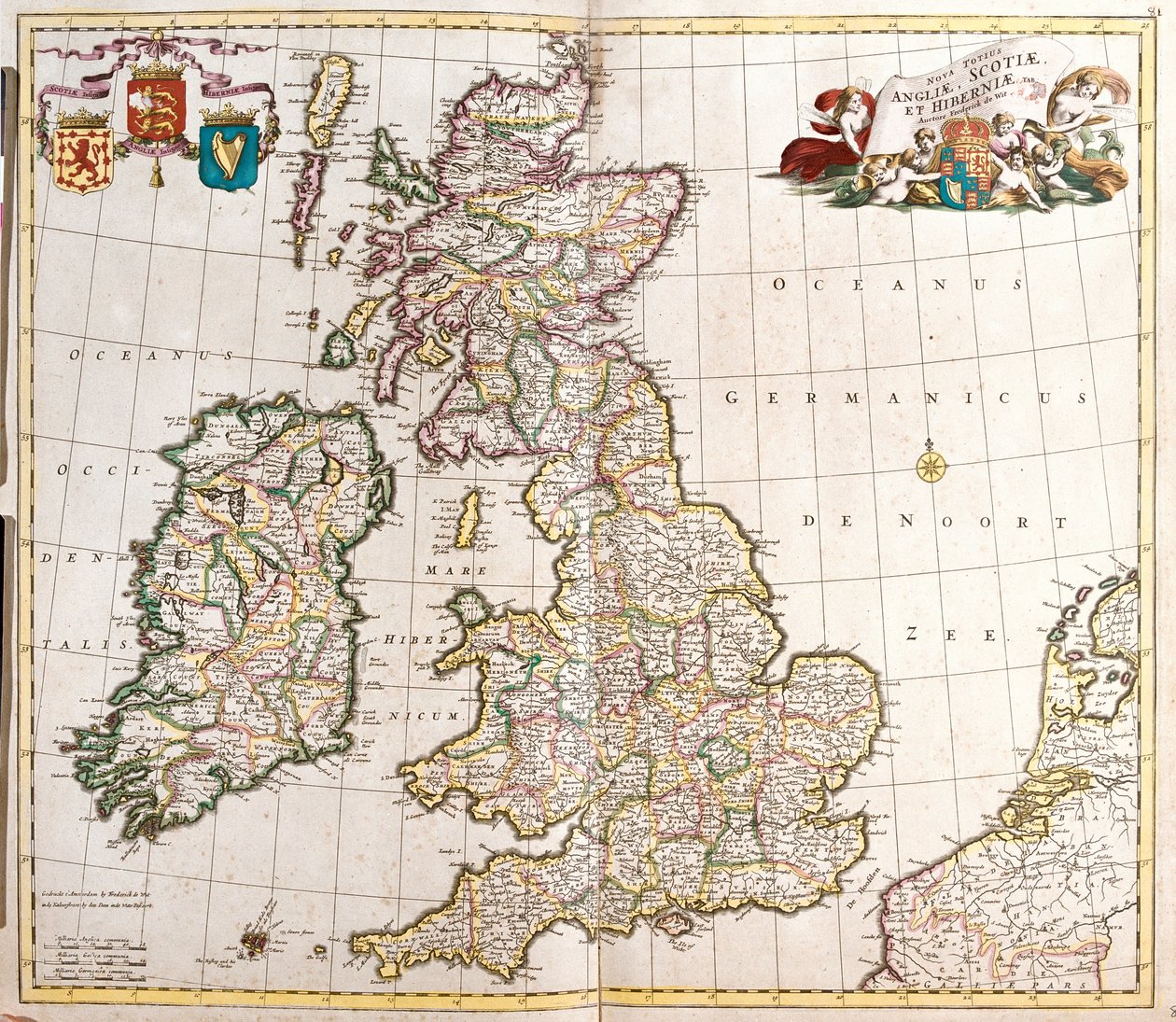 Mappa di Inghilterra, Scozia e Irlanda (Gran Bretagna) da Frederick de Wit