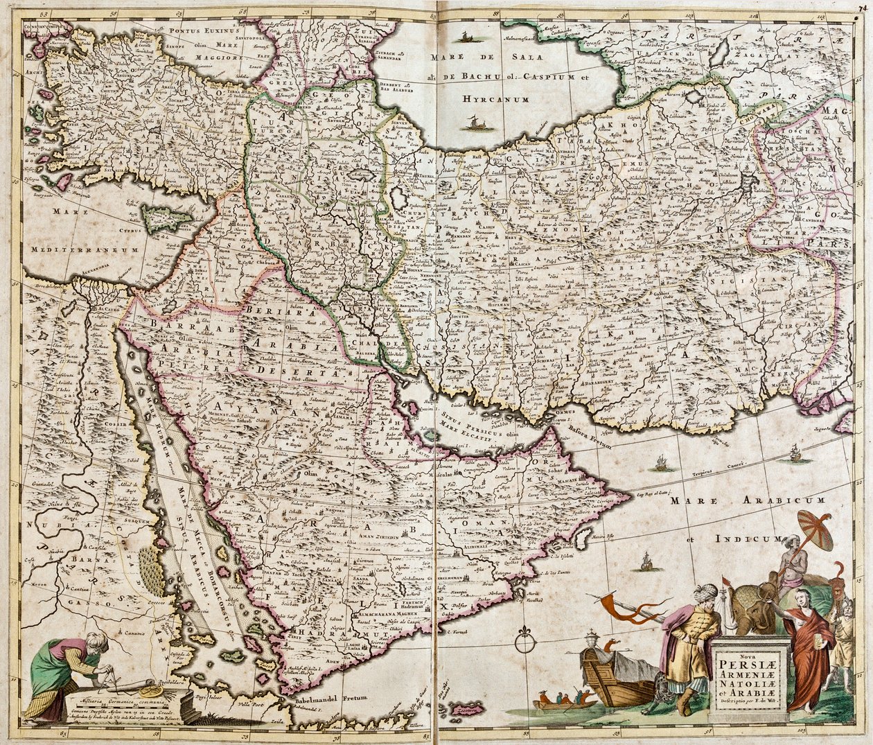 Mappa della Persia (Iran), Armenia, Anatolia (Turchia) e Arabia (penisola arabica: Arabia Saudita, Kuwait, Emirati Arabi Uniti, Oman, Qatar, Yemen, Bahrain) da Frederick de Wit