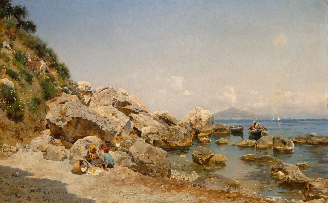Sulla spiaggia, Capri con il Vesuvio sullo sfondo da Frederico del Campo