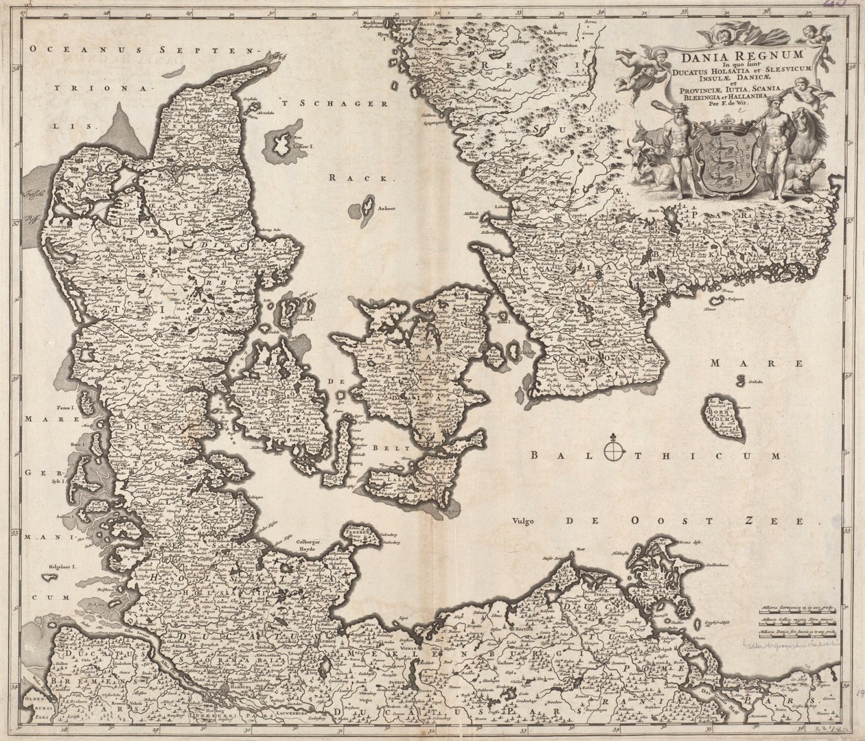 Dania regnum in quo sunt Ducatus Holsatia et Slesvicum Insulae Danicae et Provinciae Iutia, Scania, Blekingia et Hallandia da Frederick de Wit