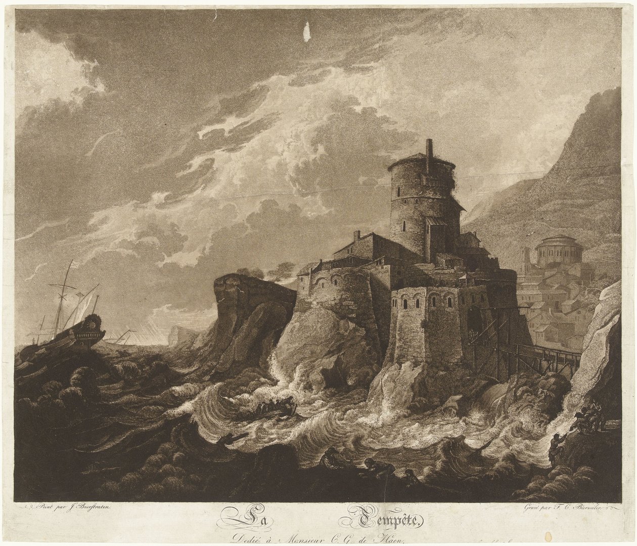 Castello su costa rocciosa e navi in tempesta sul mare da Frederik Christiaan Bierweiler