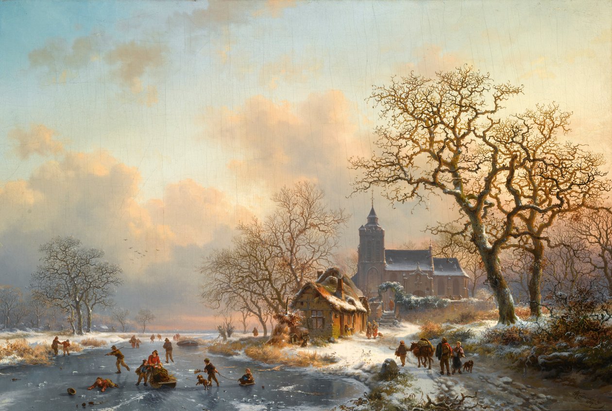 Paesaggio invernale con pattinatori su un fiume ghiacciato da Fredrik Marinus Kruseman