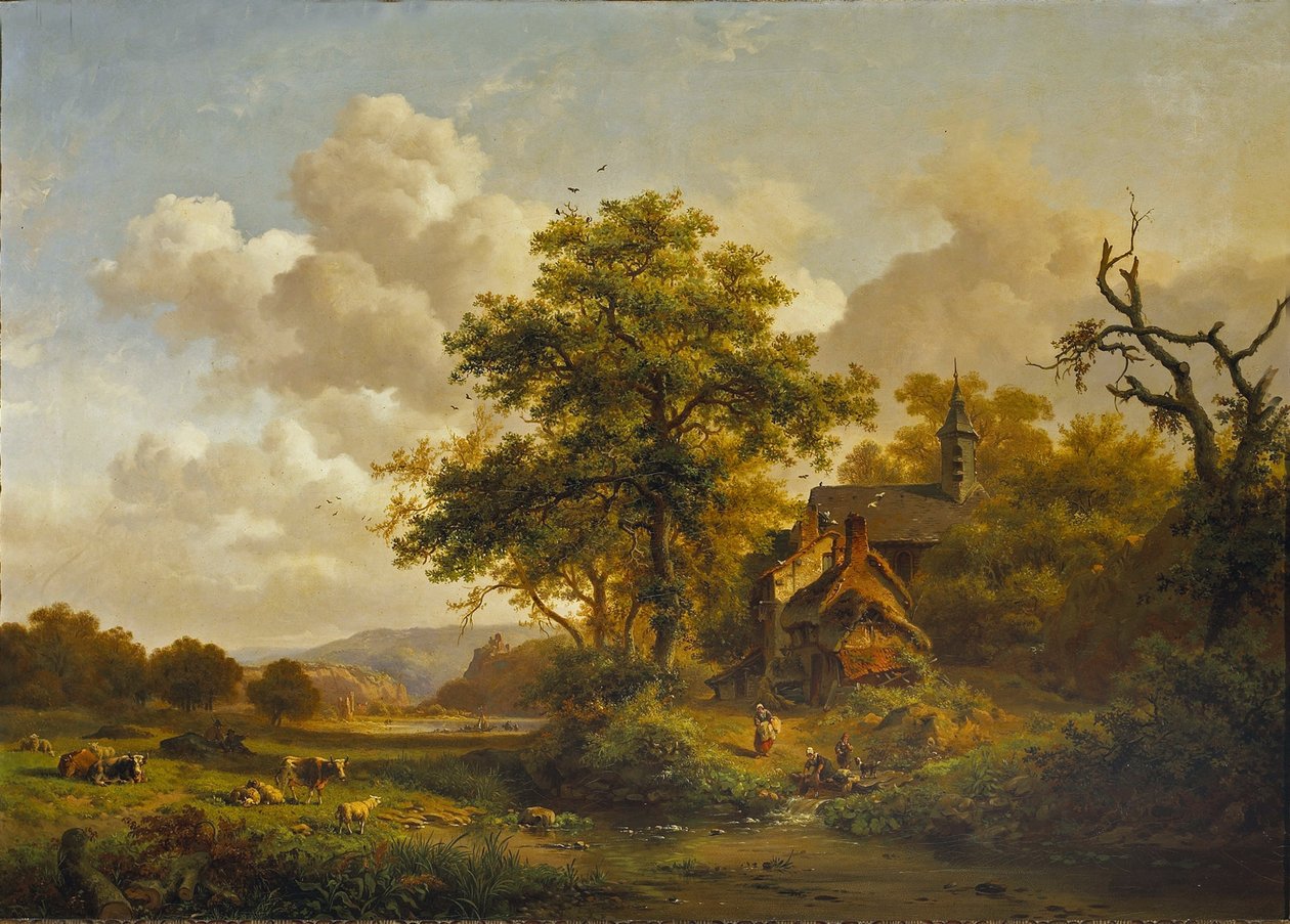 Un paesaggio tranquillo con donne che si lavano presso un ruscello e bovini e pecore che riposano da Fredrik Marinus Kruseman