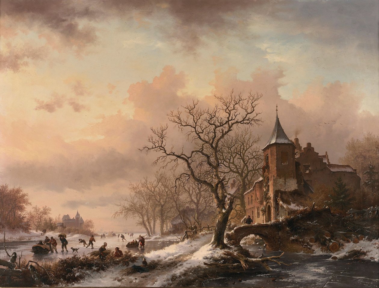 Castello in un paesaggio invernale e pattinatori su un fiume ghiacciato da Fredrik Marinus Kruseman