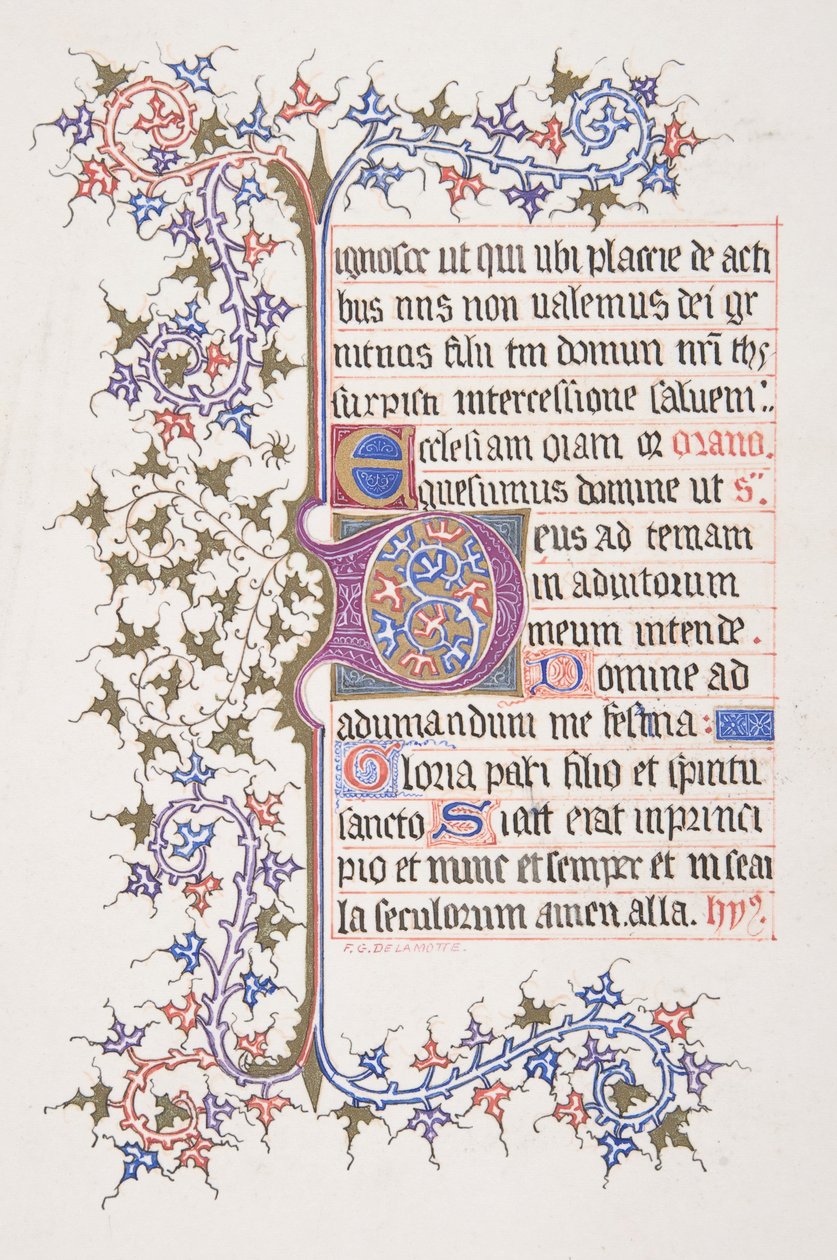 Foglia illuminata con iniziale E recto, bordo di vite verso da Freeman Gage Delamotte