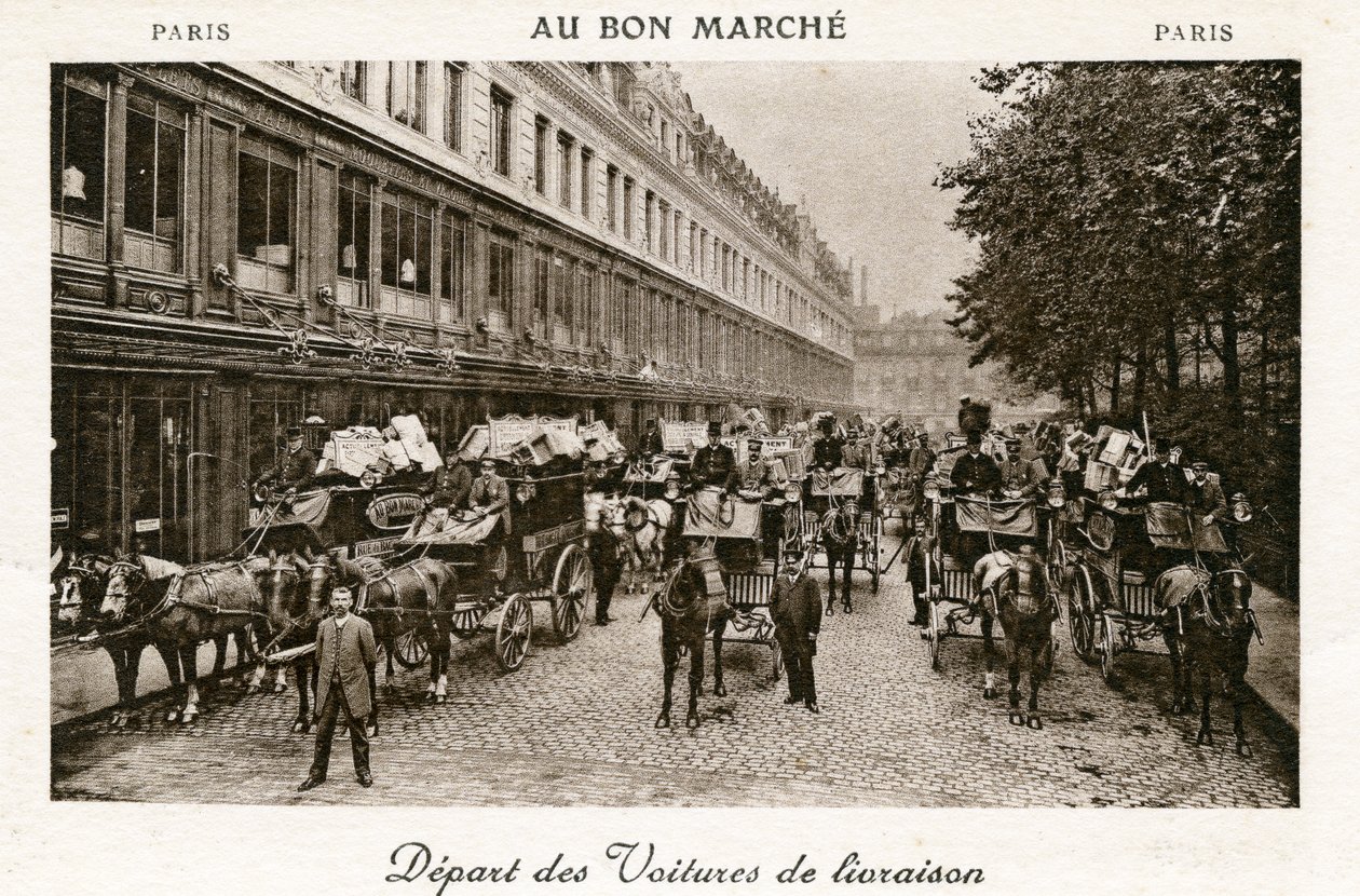 Partenza dei furgoni di consegna dai Grandi Magazzini Bon Marché, Parigi, c.1890 da French Photographer