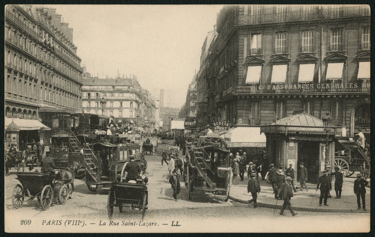 Cartolina che raffigura Rue Saint-Lazare a Parigi, c.1900 da French Photographer
