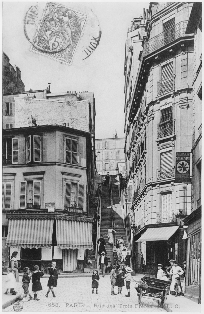 Cartolina raffigurante Rue des Trois Freres a Parigi, c.1900 da French Photographer