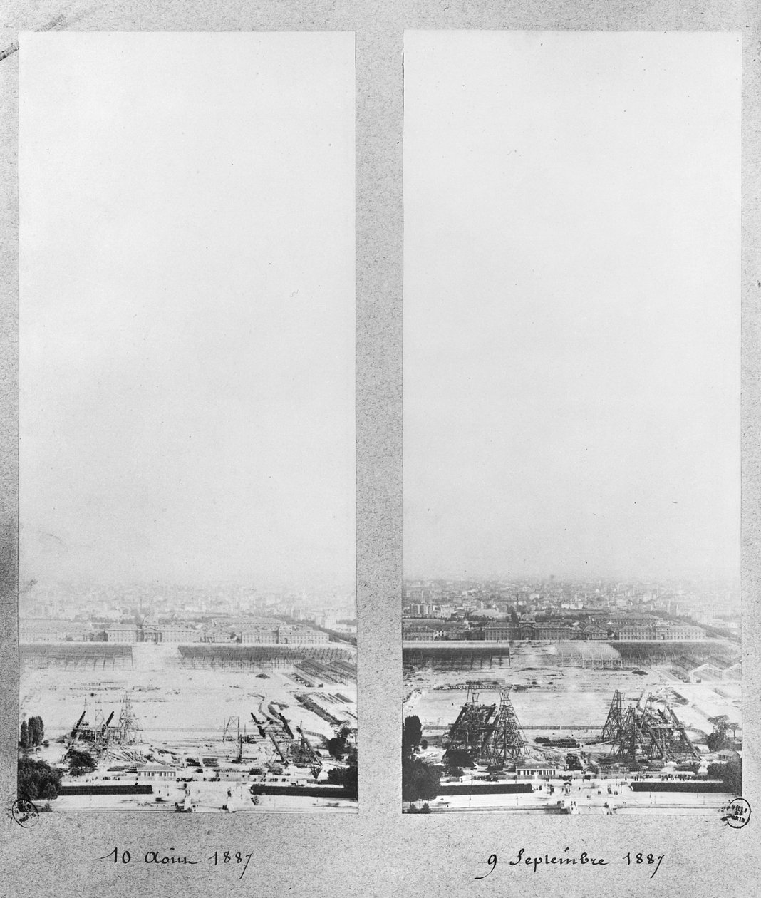 Due vedute della costruzione della Torre Eiffel, Parigi, 10 agosto e 9 settembre 1887 da French Photographer