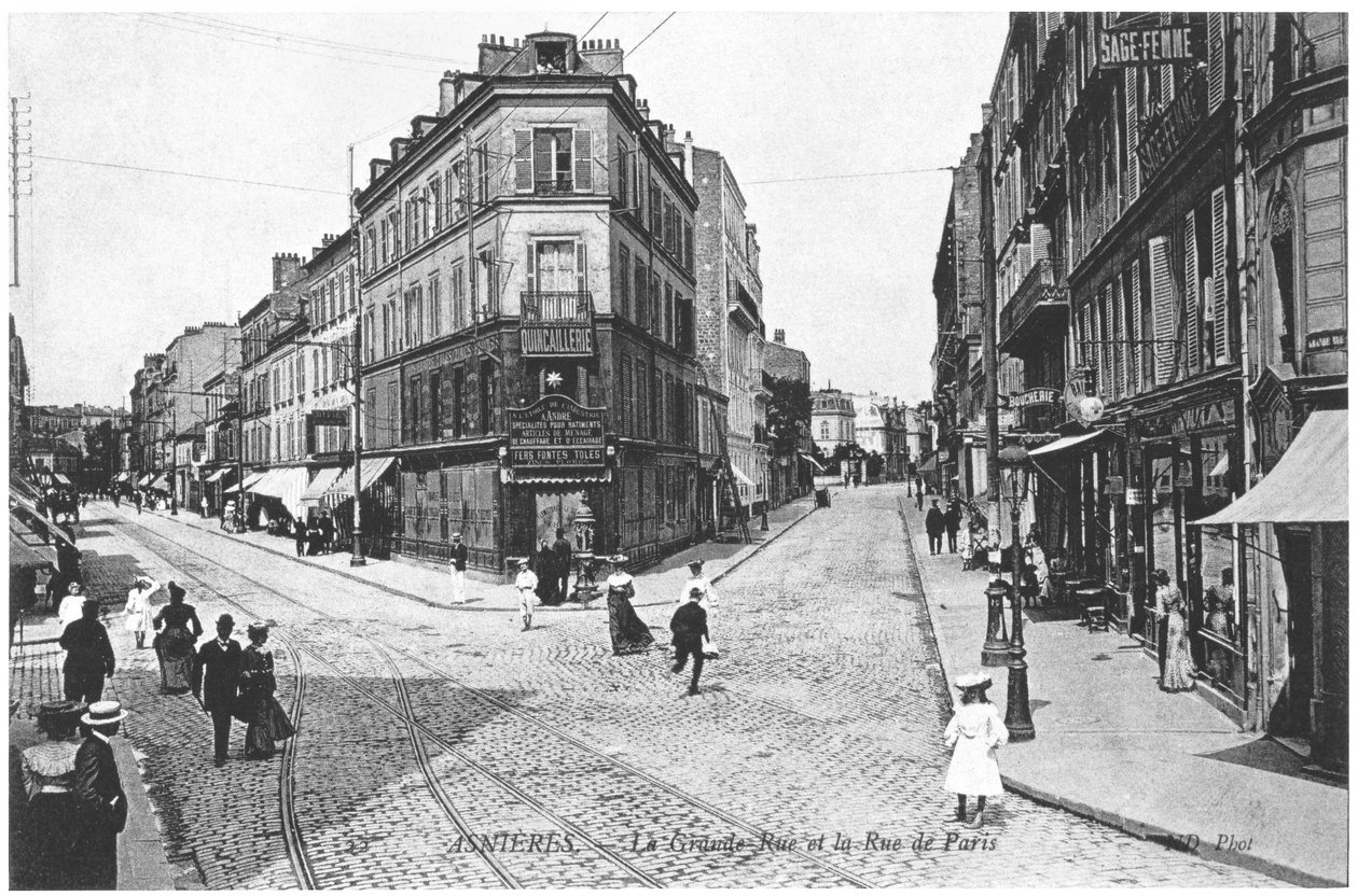 Vista di Asnieres, Grande Rue e Rue de Paris, c.1900 da French Photographer