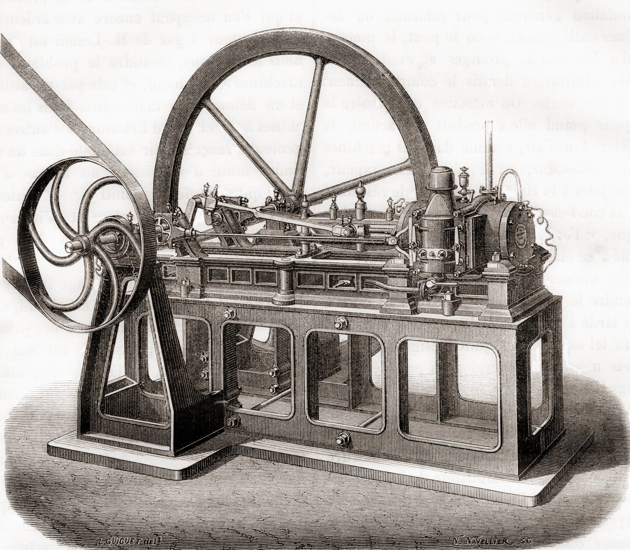 Motore a gas del XIX secolo, da Les Merveilles de la Science, pubblicato c.1870 da French School