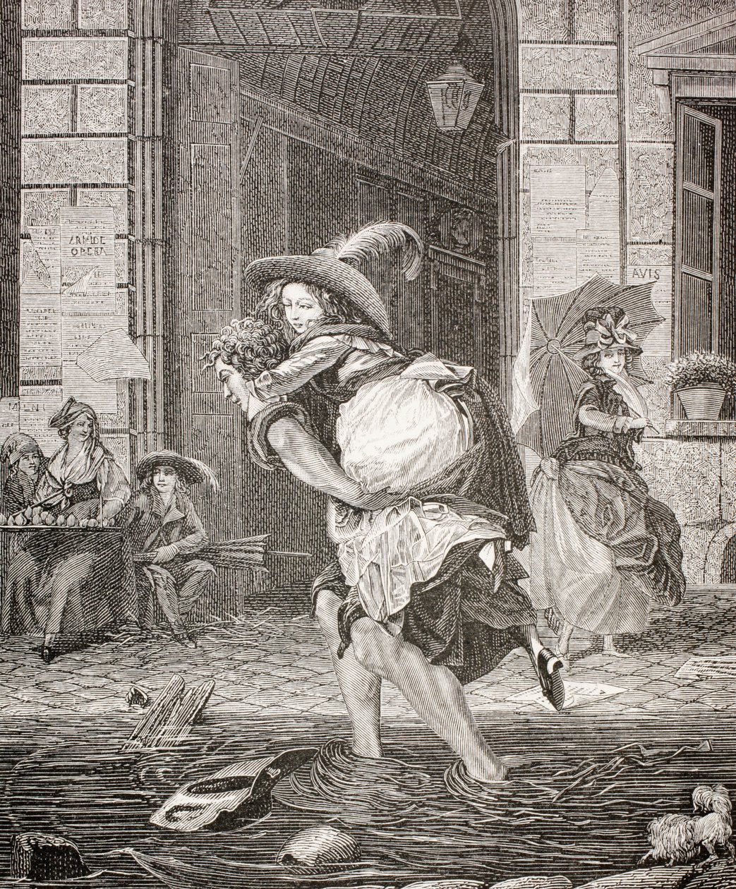 Un Corriere che Traghetta una Donna attraverso la Strada in un Giorno di Pioggia nella Parigi del XVIII Secolo, 1875 da French School