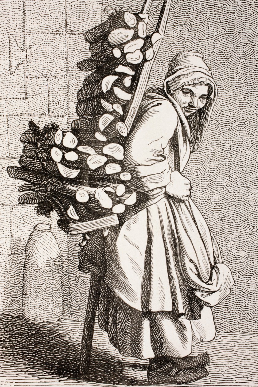 Una donna che porta legna da ardere da vendere nella Parigi del XVIII secolo, 1875 da French School