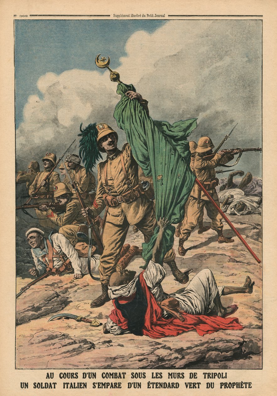 Un soldato italiano che afferra lo stendardo verde del Profeta Maometto, illustrazione da 