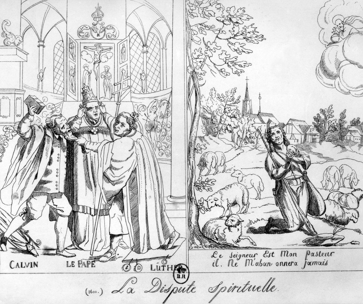 Caricatura che raffigura una disputa spirituale tra Papa Leone X, Martin Lutero e Giovanni Calvino, 1838 da French School