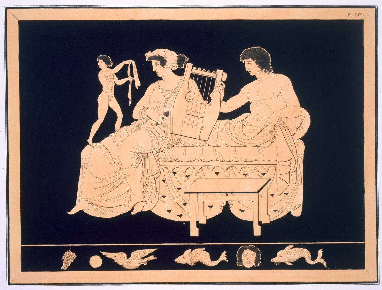 Coppia che si rilassa con una lira, pubblicato 1808-10 (illustrazione da una rilegatura di Peintures de Vases Antiques Vulgairement Appeles Etrusques di Aubian Louis Millin de Grandmaison) da French School