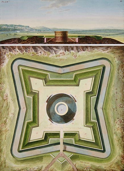 Progetto per una Fortificazione alla Periferia di Parigi - Piano Generale e Vista Prospettica, c.1813 da French School