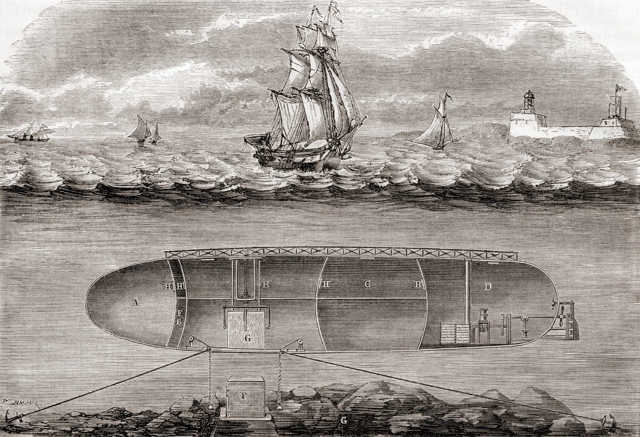 Il sottomarino Belledone del Dr Antoine Prosper Payernes del XIX secolo, costruito nel 1846, da Les Merveilles de la Science, pubblicato c.1870 da French School