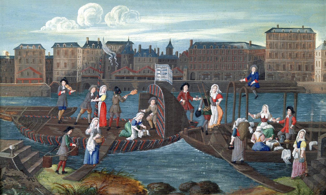 Negozio di pesce e barca lavanderia al Quai de la Megisserie, c.1670 da French School