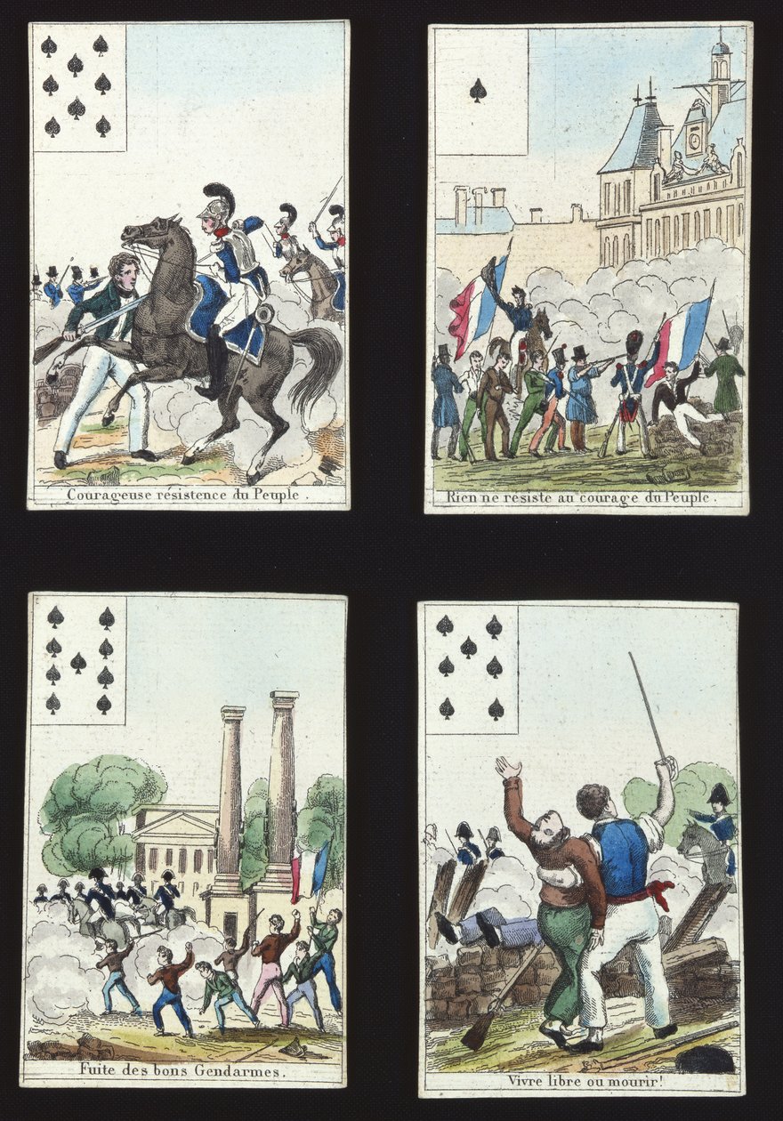 Quattro carte da un mazzo illustrate con scene di propaganda dalla Rivoluzione del 1830, Parigi, 1831 da French School