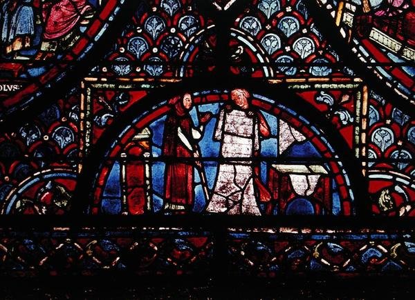 Commercianti di pellicce, dettaglio di una finestra raffigurante Scene della vita di Carlo Magno, dall