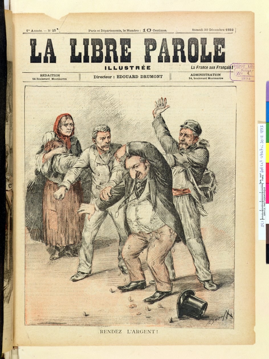 Restituite i soldi!, copertina della rivista La Libre Parole, 30 dicembre 1893 da French School