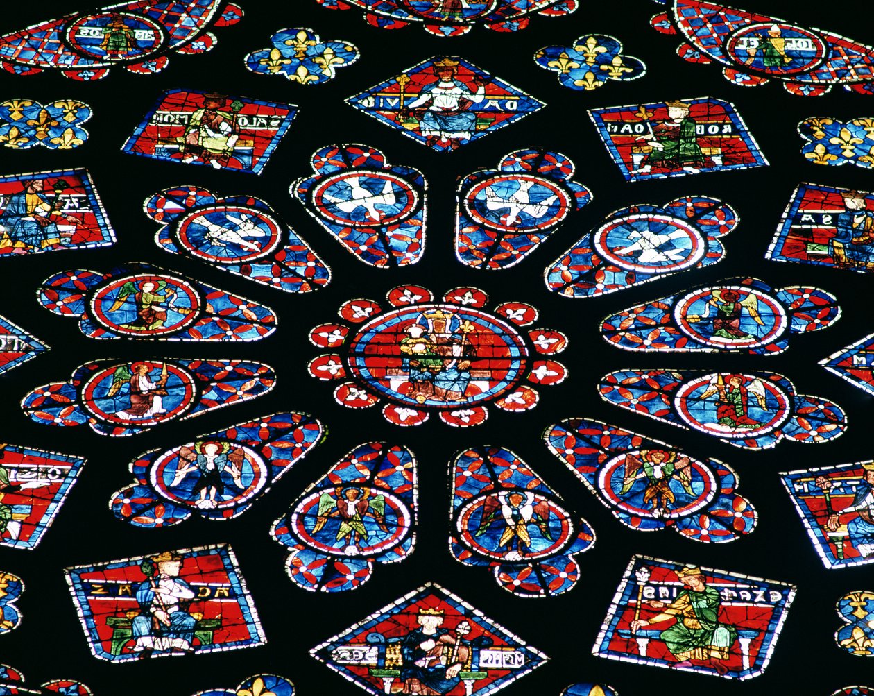 Glorificazione della Vergine Maria, rosone nord, c.1223 (vetrata) (dettaglio) da French School